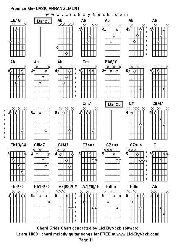 Chord Grids Chart of chord melody fingerstyle guitar song-Promise Me- BASIC ARRANGEMENT,generated by LickByNeck software.